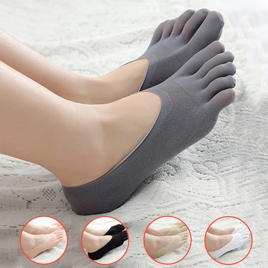 1 par de meias femininas de verão com cinco dedos, meias femininas ultrafinas, bico engraçado, meias invisíveis de silicone antiderrapantes e antifricção